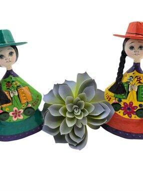 Set Of Two Sermel Style Vintage Paper Mache Hand Made & Painted Mexican Doll